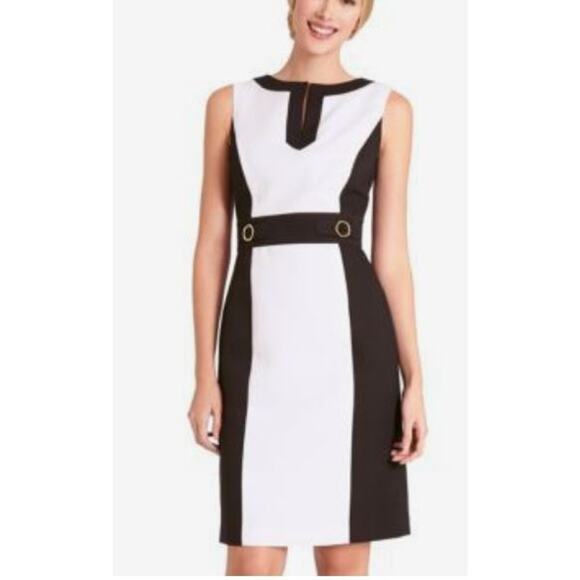 Tahari by ASL Waffle Cotton Colorblock Sheath Dress W Metal Waist Detail Size 10 - Picture 1 of 10